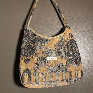 Isabella's Journey Silvery Gray and Tan Floral Tapestry Shoulder Bag
